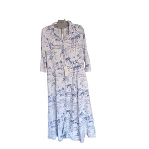 NWT Calypso St. Barth Linen‑Blend Maxi Dress M Blue & White Tropical Toile